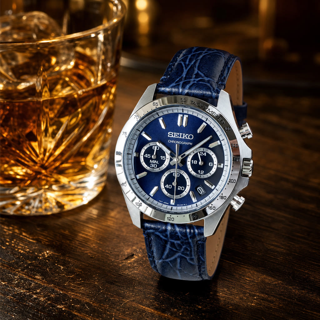 Seiko Spirit Cronógrafo Azul, pulseira de couro