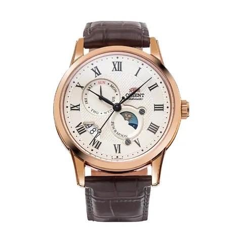 Relógio Orient Classic Sun & Moon Rosé em fundo branco