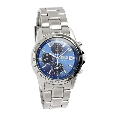 Relógio Seiko Spirit Cronógrafo Azul, pulseira de aço em fundo branco