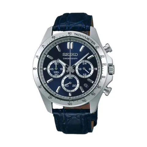 Relógio Seiko Spirit Cronógrafo Azul, pulseira de couro em fundo branco