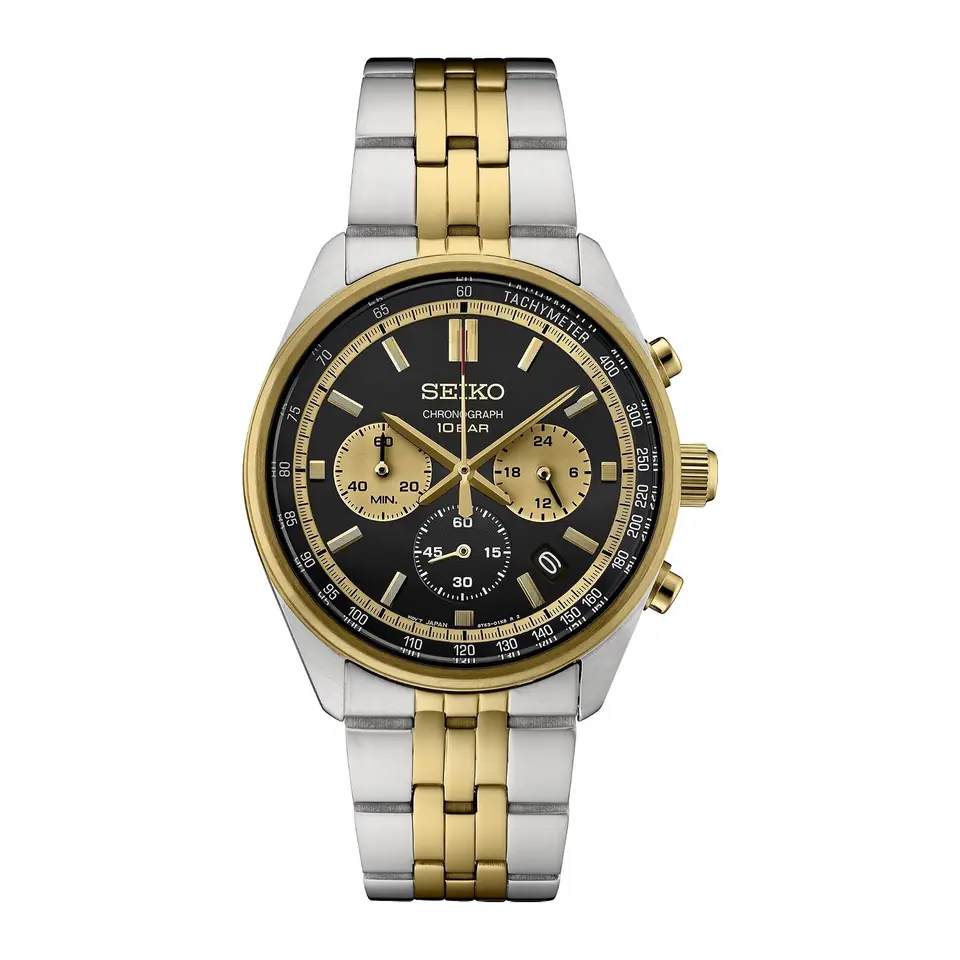 Relógio Seiko Cronógrafo Bicolor Dourado em fundo branco